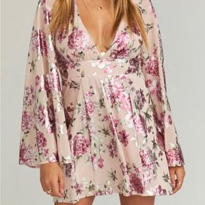 Show Me Your MuMu • Athena Bell Sleeve Backless Pink Metallic Floral Mini Dress